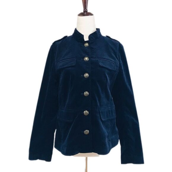 TALBOTS Navy Blue Velvet Jacket Blazer‎ Button Front Band Military Size 4 New - Picture 1 of 11